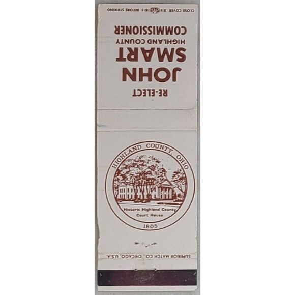 John Smart Highland County Ohio OH Commissioner Front Strike Matchbook Cover - Picture 2 of 4